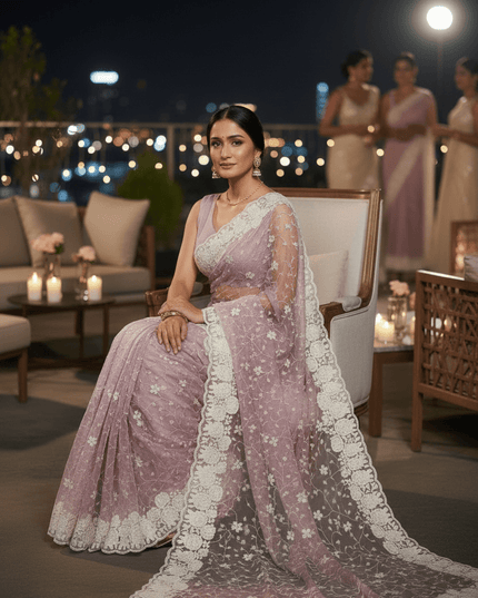 Soft Georgette Sequin Embroidery Saree | Backpatch Border & Fumka Pallu - Rosepetals Luxe