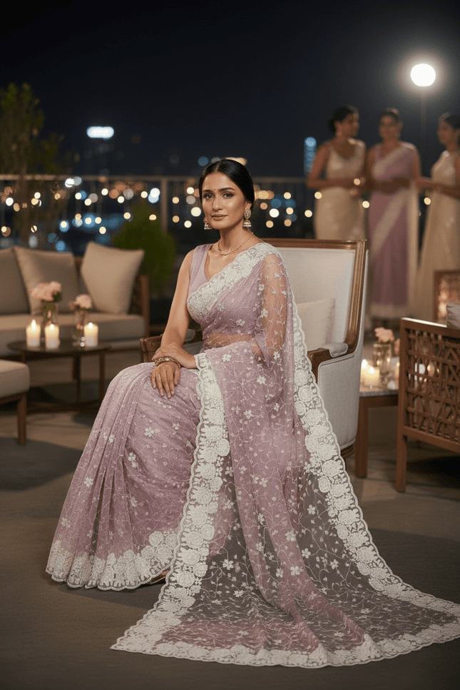 Soft Georgette Sequin Embroidery Saree | Backpatch Border & Fumka Pallu - Rosepetals Luxe