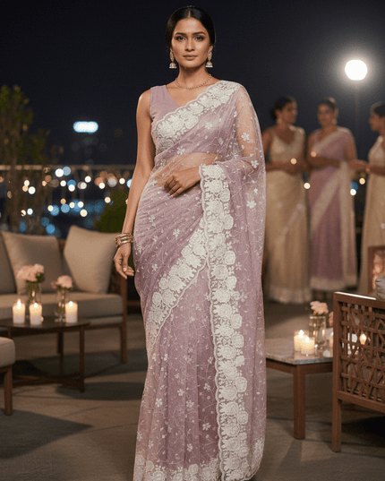 Soft Georgette Sequin Embroidery Saree | Backpatch Border & Fumka Pallu - Rosepetals Luxe