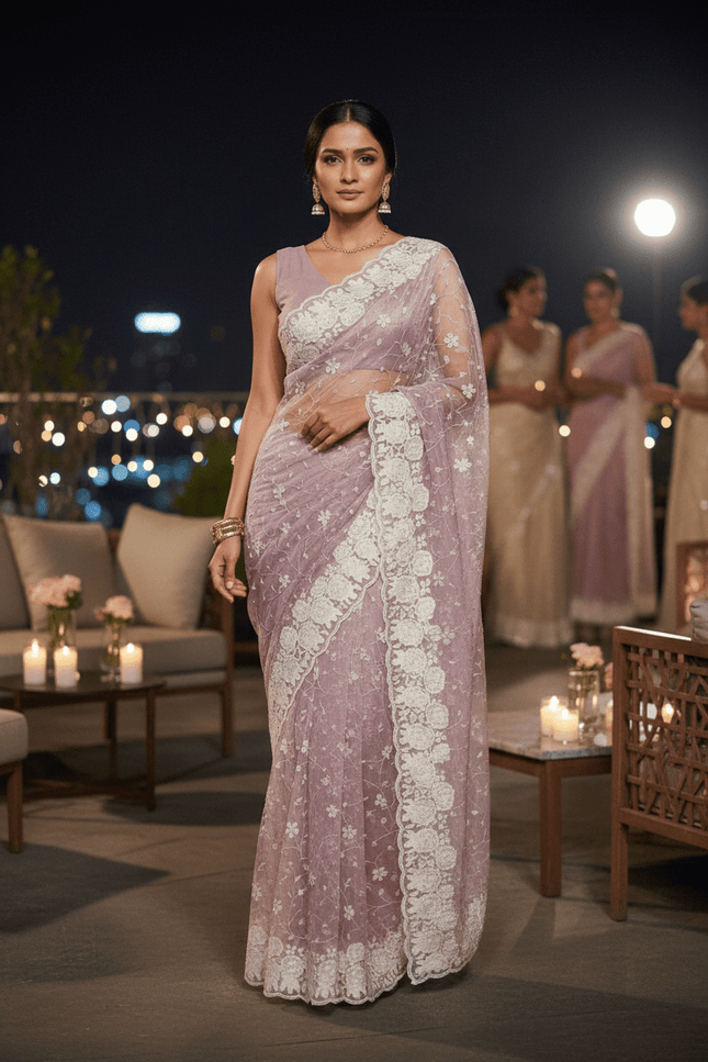 Soft Georgette Sequin Embroidery Saree | Backpatch Border & Fumka Pallu - Rosepetals Luxe