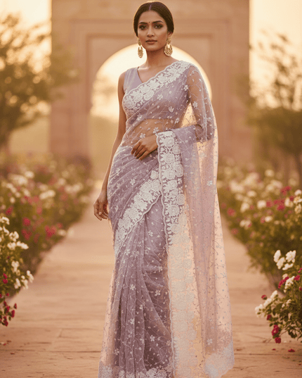 Soft Georgette Sequin Embroidery Saree | Backpatch Border & Fumka Pallu - Rosepetals Luxe