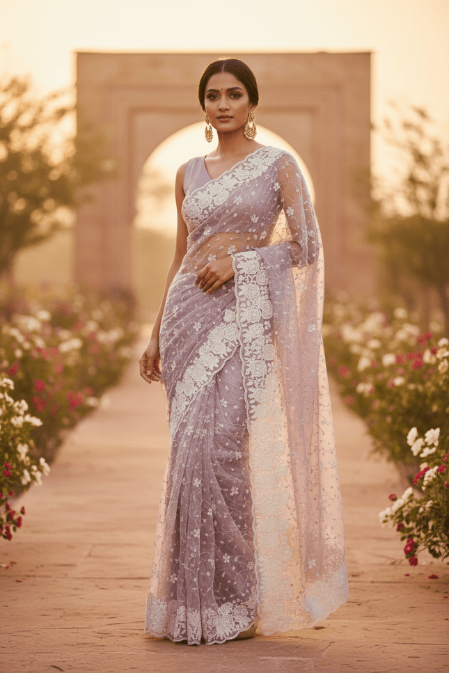 Soft Georgette Sequin Embroidery Saree | Backpatch Border & Fumka Pallu - Rosepetals Luxe