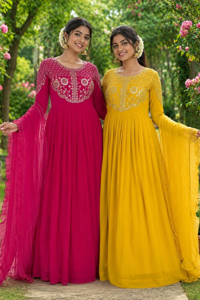 Soft Georgette Sequins Embroidered Gown with Matching Voni | Anarkali Party Wear - Rosepetals Luxe