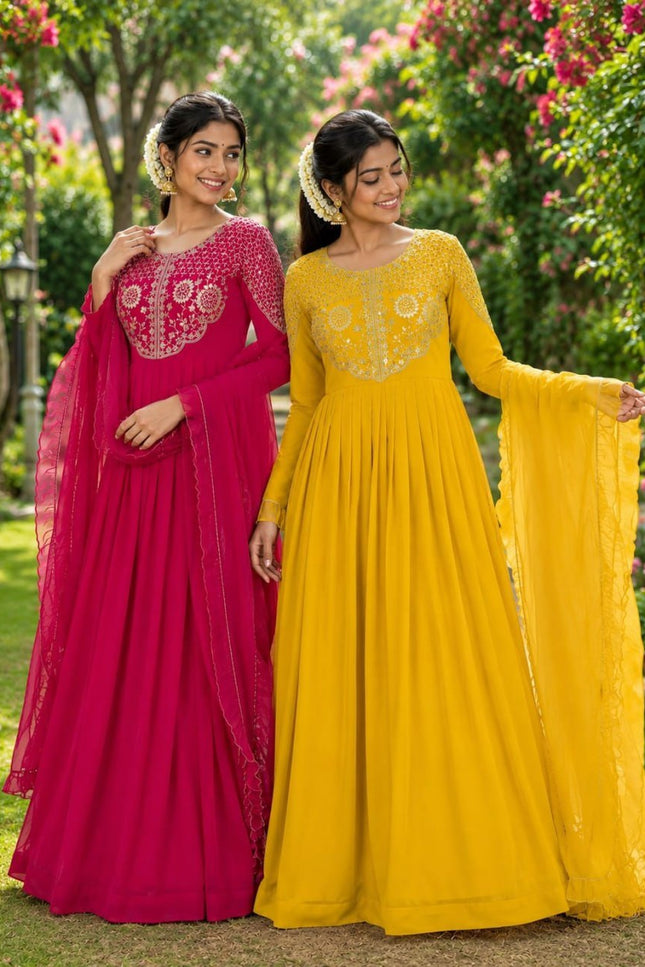 Soft Georgette Sequins Embroidered Gown with Matching Voni | Anarkali Party Wear - Rosepetals Luxe