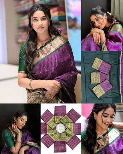 Soft Lichi Silk Saree | All-Over Jacquard | Rich Pallu | Contrast Blouse - Rosepetals Luxe