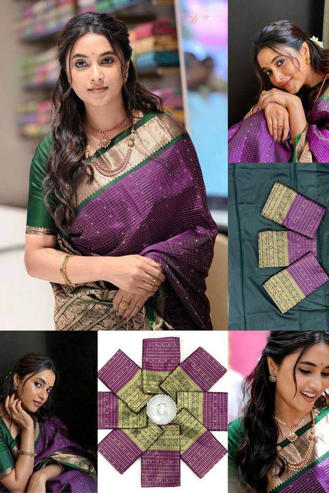 Soft Lichi Silk Saree | All-Over Jacquard | Rich Pallu | Contrast Blouse - Rosepetals Luxe