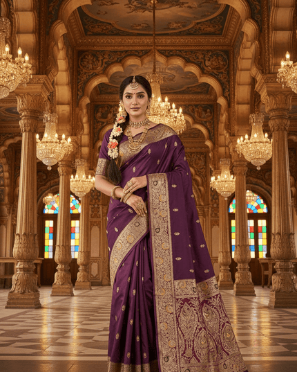 Soft Luxe Premium Banarasi Silk Saree with Meenakari Zari Motifs, Rich Pallu & Meenakari Border - Rosepetals Luxe
