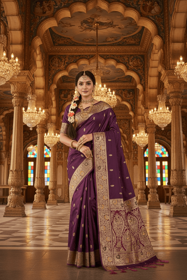 Soft Luxe Premium Banarasi Silk Saree with Meenakari Zari Motifs, Rich Pallu & Meenakari Border - Rosepetals Luxe