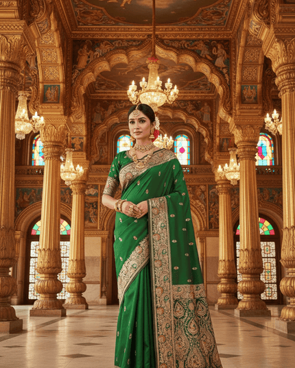 Soft Luxe Premium Banarasi Silk Saree with Meenakari Zari Motifs, Rich Pallu & Meenakari Border - Rosepetals Luxe