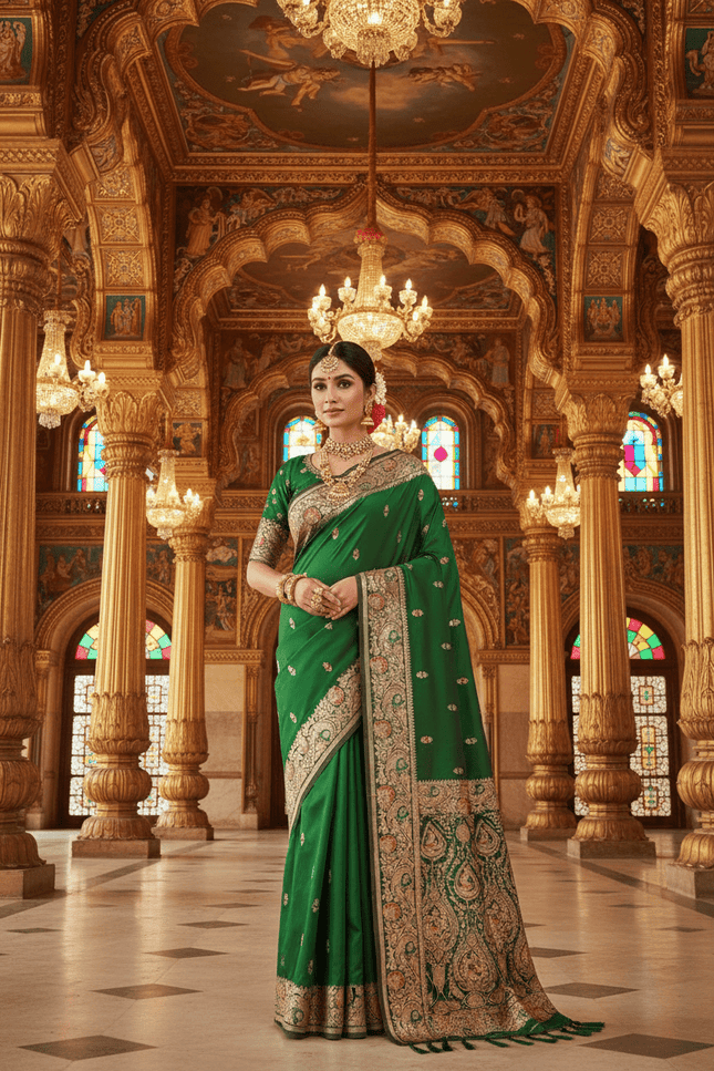 Soft Luxe Premium Banarasi Silk Saree with Meenakari Zari Motifs, Rich Pallu & Meenakari Border - Rosepetals Luxe