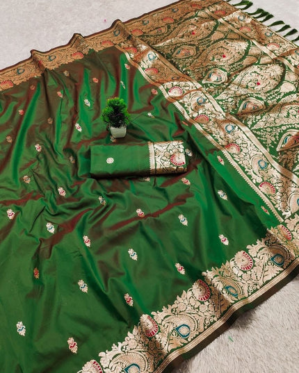 Soft Luxe Premium Banarasi Silk Saree with Meenakari Zari Motifs, Rich Pallu & Meenakari Border - Rosepetals Luxe