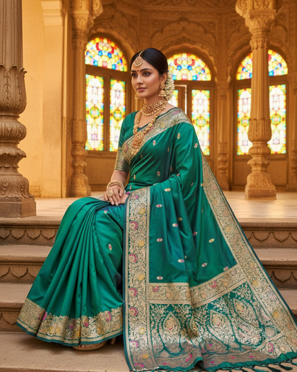Soft Luxe Premium Banarasi Silk Saree with Meenakari Zari Motifs, Rich Pallu & Meenakari Border - Rosepetals Luxe