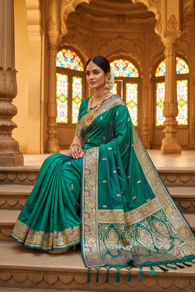 Soft Luxe Premium Banarasi Silk Saree with Meenakari Zari Motifs, Rich Pallu & Meenakari Border - Rosepetals Luxe