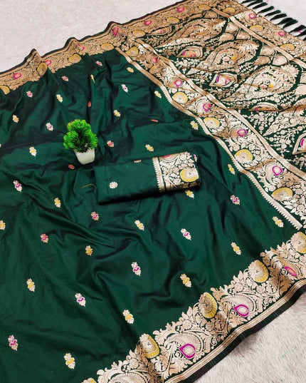 Soft Luxe Premium Banarasi Silk Saree with Meenakari Zari Motifs, Rich Pallu & Meenakari Border - Rosepetals Luxe