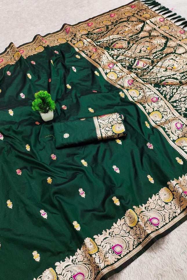 Soft Luxe Premium Banarasi Silk Saree with Meenakari Zari Motifs, Rich Pallu & Meenakari Border - Rosepetals Luxe
