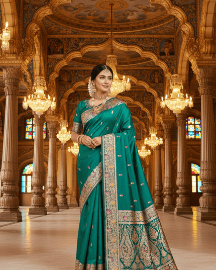 Soft Luxe Premium Banarasi Silk Saree with Meenakari Zari Motifs, Rich Pallu & Meenakari Border - Rosepetals Luxe