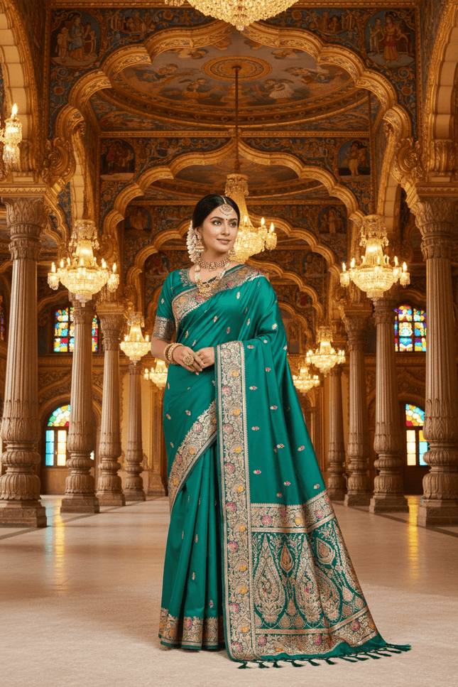 Soft Luxe Premium Banarasi Silk Saree with Meenakari Zari Motifs, Rich Pallu & Meenakari Border - Rosepetals Luxe