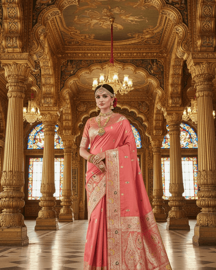 Soft Luxe Premium Banarasi Silk Saree with Meenakari Zari Motifs, Rich Pallu & Meenakari Border - Rosepetals Luxe