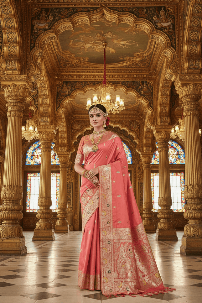 Soft Luxe Premium Banarasi Silk Saree with Meenakari Zari Motifs, Rich Pallu & Meenakari Border - Rosepetals Luxe