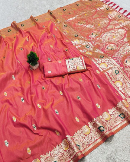 Soft Luxe Premium Banarasi Silk Saree with Meenakari Zari Motifs, Rich Pallu & Meenakari Border - Rosepetals Luxe