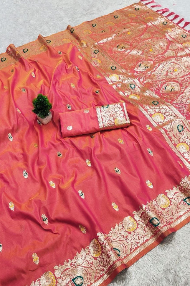 Soft Luxe Premium Banarasi Silk Saree with Meenakari Zari Motifs, Rich Pallu & Meenakari Border - Rosepetals Luxe