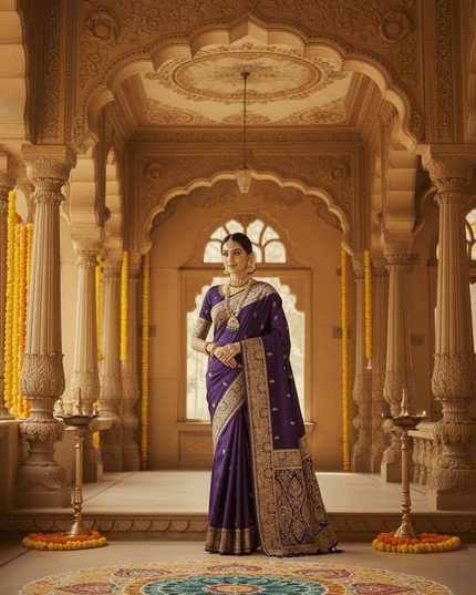 Soft Luxe Premium Banarasi Silk Saree with Meenakari Zari Motifs, Rich Pallu & Meenakari Border - Rosepetals Luxe