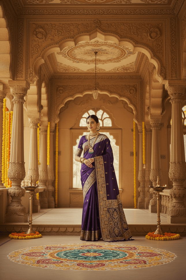 Soft Luxe Premium Banarasi Silk Saree with Meenakari Zari Motifs, Rich Pallu & Meenakari Border - Rosepetals Luxe