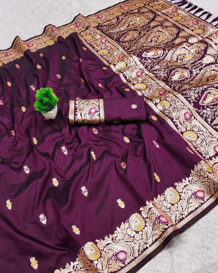Soft Luxe Premium Banarasi Silk Saree with Meenakari Zari Motifs, Rich Pallu & Meenakari Border - Rosepetals Luxe