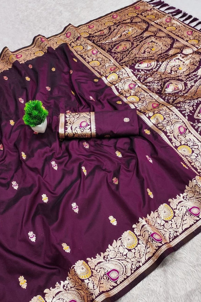 Soft Luxe Premium Banarasi Silk Saree with Meenakari Zari Motifs, Rich Pallu & Meenakari Border - Rosepetals Luxe