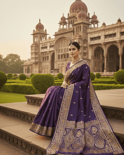 Soft Luxe Premium Banarasi Silk Saree with Meenakari Zari Motifs, Rich Pallu & Meenakari Border - Rosepetals Luxe