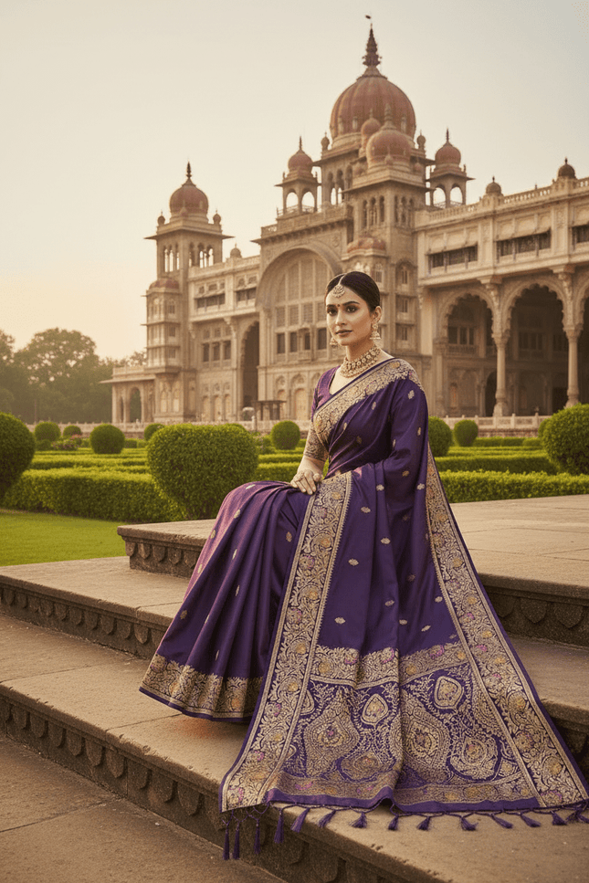 Soft Luxe Premium Banarasi Silk Saree with Meenakari Zari Motifs, Rich Pallu & Meenakari Border - Rosepetals Luxe