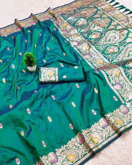 Soft Luxe Premium Banarasi Silk Saree with Meenakari Zari Motifs, Rich Pallu & Meenakari Border - Rosepetals Luxe