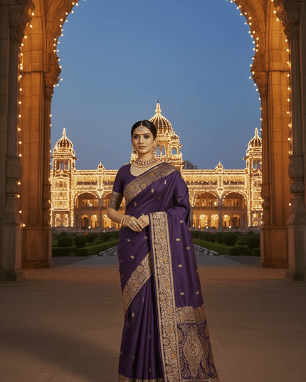 Soft Luxe Premium Banarasi Silk Saree with Meenakari Zari Motifs, Rich Pallu & Meenakari Border - Rosepetals Luxe