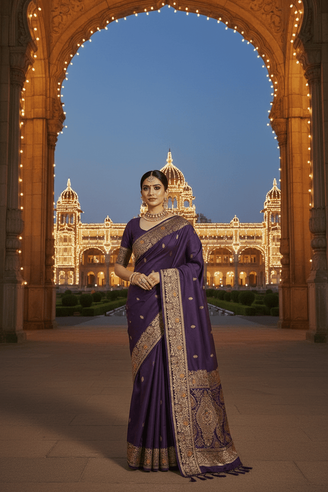 Soft Luxe Premium Banarasi Silk Saree with Meenakari Zari Motifs, Rich Pallu & Meenakari Border - Rosepetals Luxe