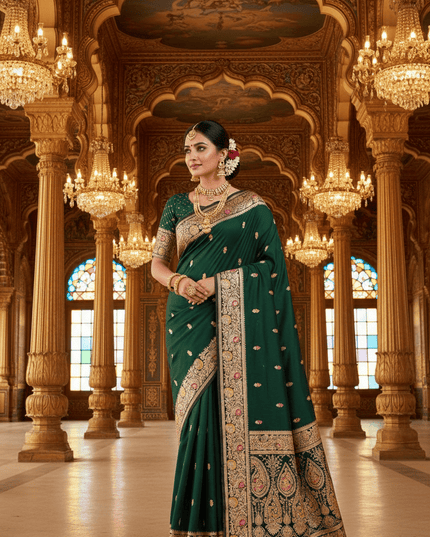 Soft Luxe Premium Banarasi Silk Saree with Meenakari Zari Motifs, Rich Pallu & Meenakari Border - Rosepetals Luxe