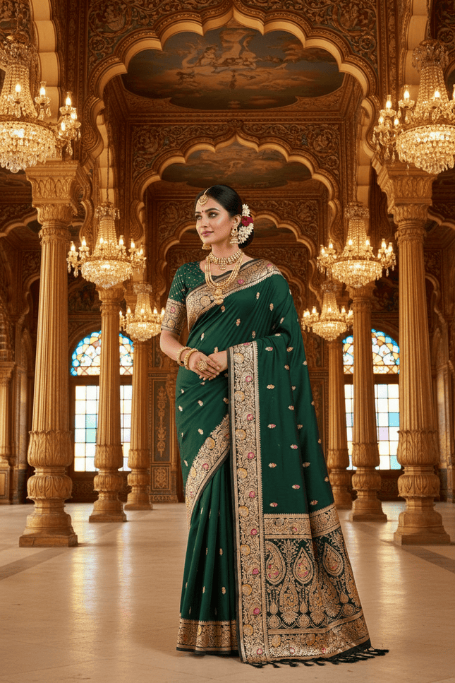 Soft Luxe Premium Banarasi Silk Saree with Meenakari Zari Motifs, Rich Pallu & Meenakari Border - Rosepetals Luxe