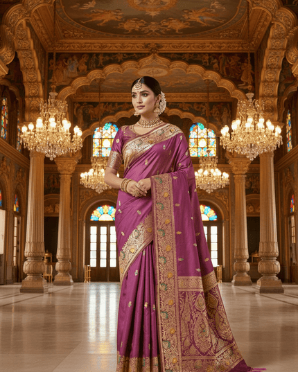 Soft Luxe Premium Banarasi Silk Saree with Meenakari Zari Motifs, Rich Pallu & Meenakari Border - Rosepetals Luxe