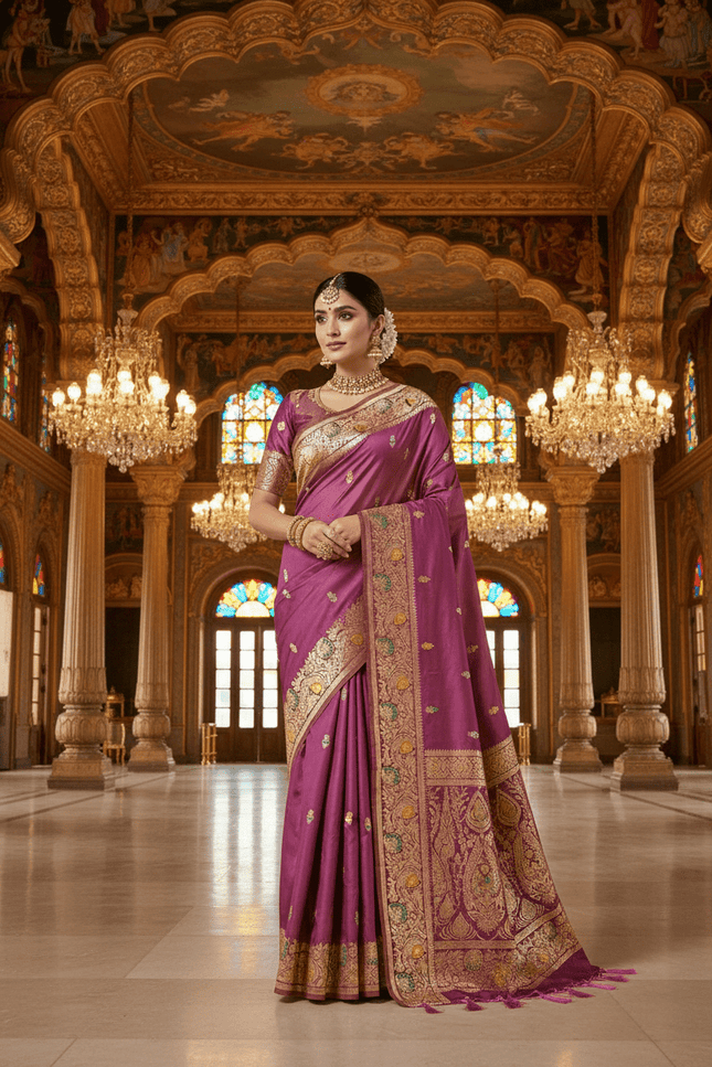 Soft Luxe Premium Banarasi Silk Saree with Meenakari Zari Motifs, Rich Pallu & Meenakari Border - Rosepetals Luxe