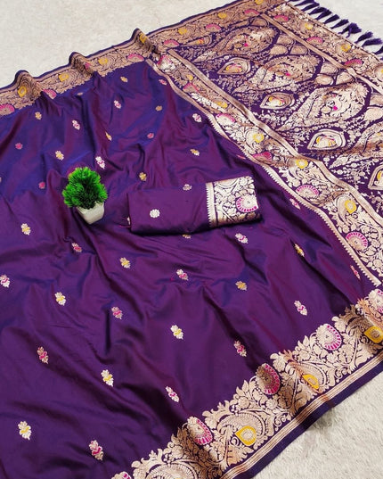 Soft Luxe Premium Banarasi Silk Saree with Meenakari Zari Motifs, Rich Pallu & Meenakari Border - Rosepetals Luxe