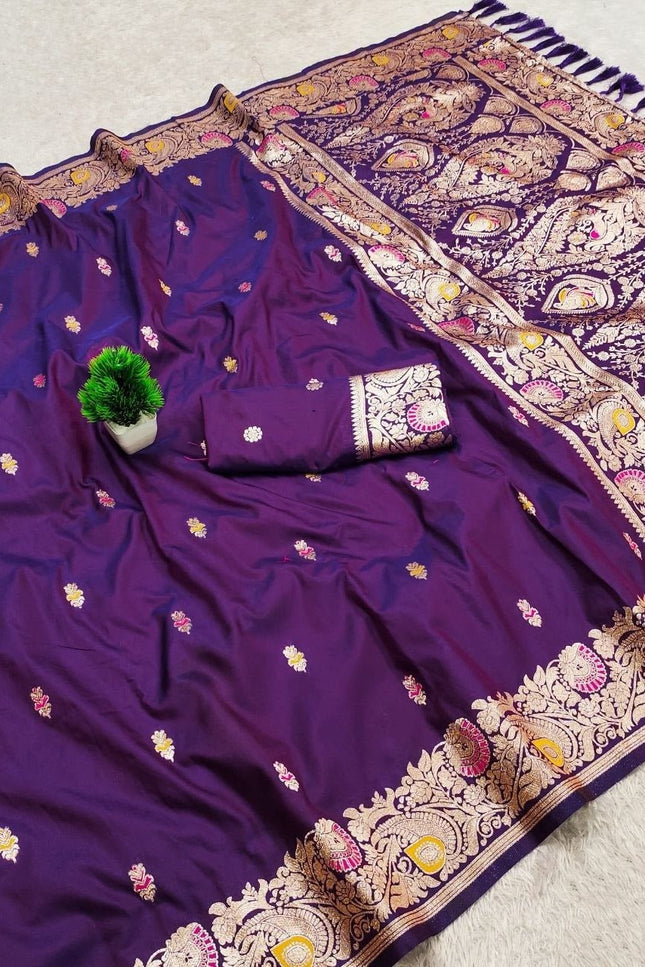 Soft Luxe Premium Banarasi Silk Saree with Meenakari Zari Motifs, Rich Pallu & Meenakari Border - Rosepetals Luxe