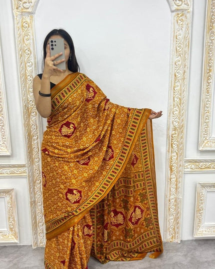 Soft Malmal Cotton Silk Printed Saree with Contrast Border | Daily & Office Wear - Rosepetals Luxe