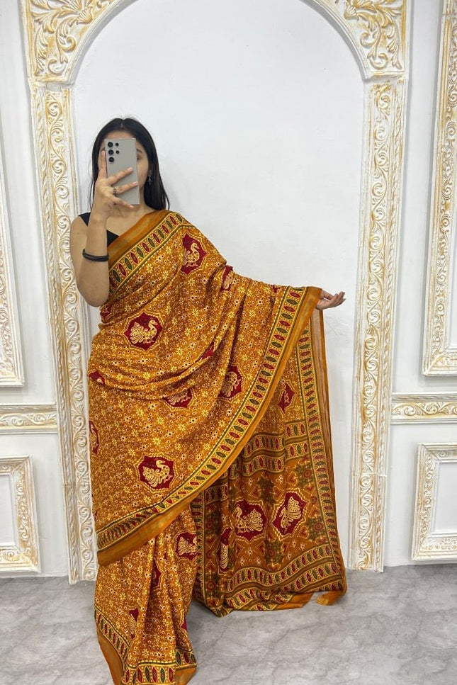 Soft Malmal Cotton Silk Printed Saree with Contrast Border | Daily & Office Wear - Rosepetals Luxe