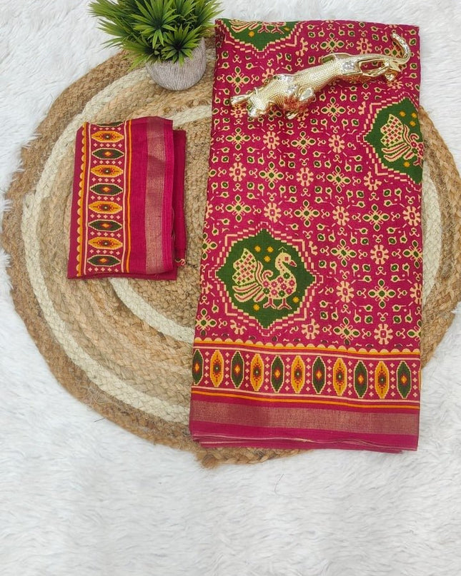 Soft Malmal Cotton Silk Printed Saree with Contrast Border | Daily & Office Wear - Rosepetals Luxe