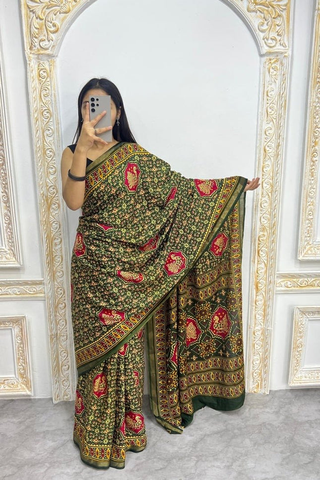 Soft Malmal Cotton Silk Printed Saree with Contrast Border | Daily & Office Wear - Rosepetals Luxe