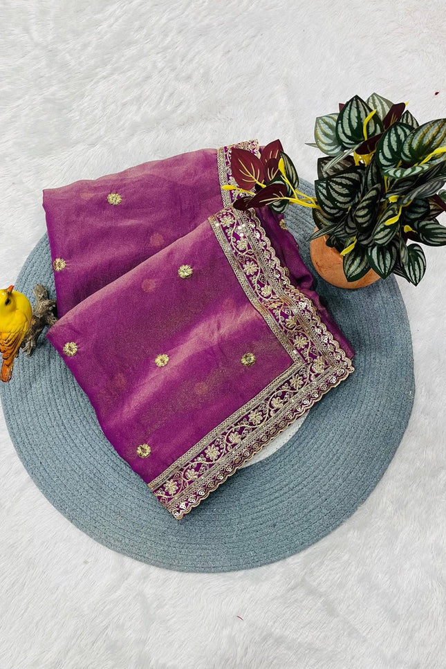 Soft Mocha Silk Blend Saree with Sequin & Zari Work - Rosepetals Luxe