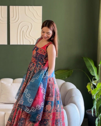 Soft Organza Patola Printed Festive Gown with Dupatta Set - Rosepetals Luxe