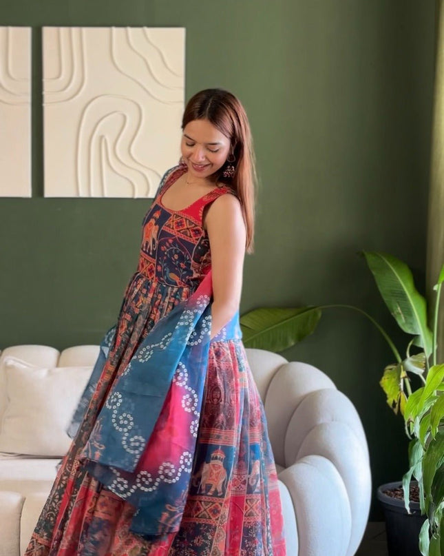 Soft Organza Patola Printed Festive Gown with Dupatta Set - Rosepetals Luxe