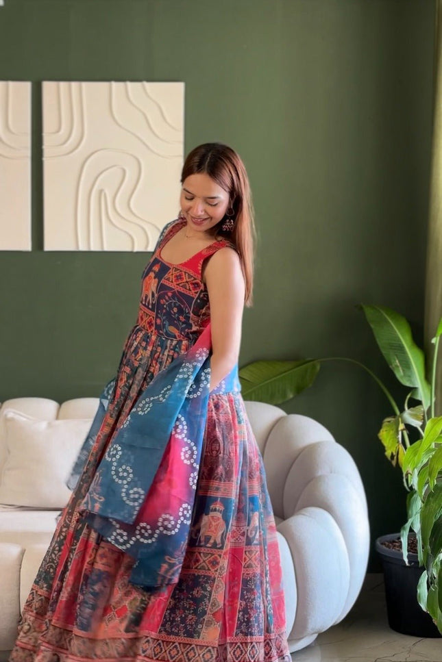 Soft Organza Patola Printed Festive Gown with Dupatta Set - Rosepetals Luxe