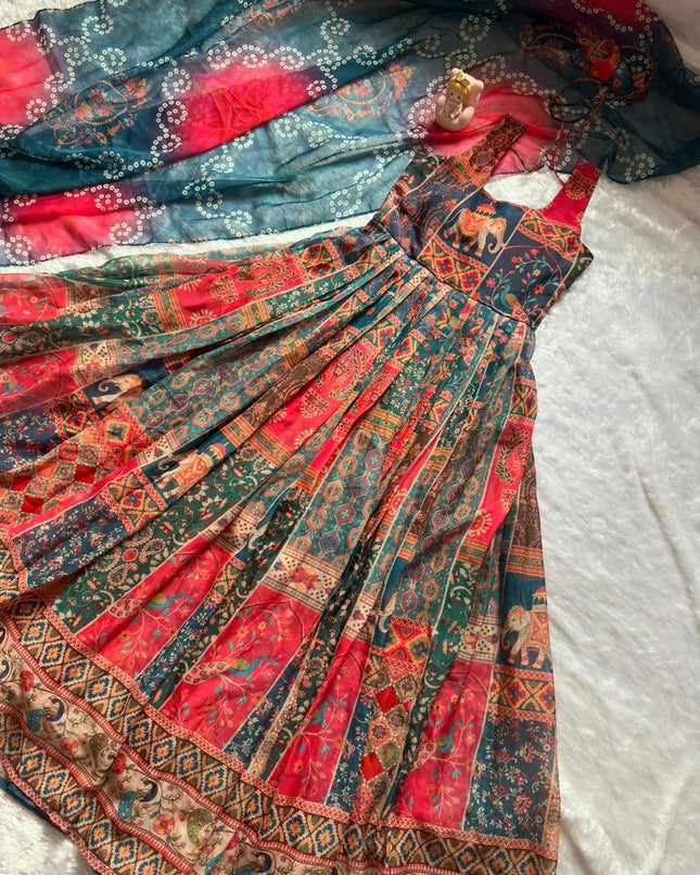 Soft Organza Patola Printed Festive Gown with Dupatta Set - Rosepetals Luxe