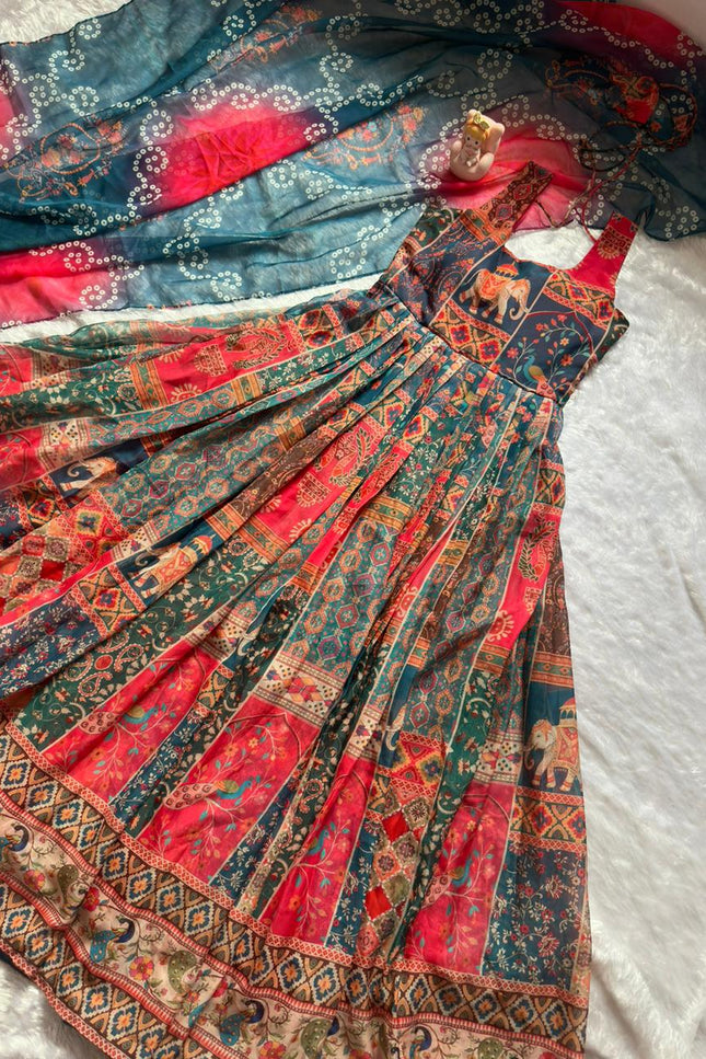 Soft Organza Patola Printed Festive Gown with Dupatta Set - Rosepetals Luxe
